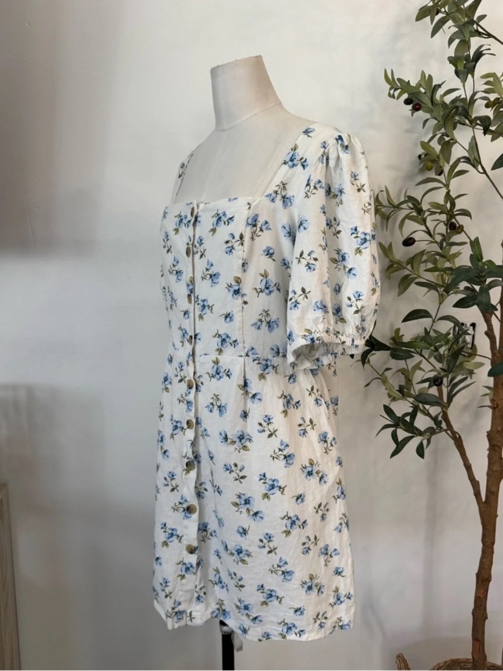 Old Navy Blue Floral Linen Blend Mini Dress XL Cottagecore Puff Sleeve Dress - Picture 5 of 6